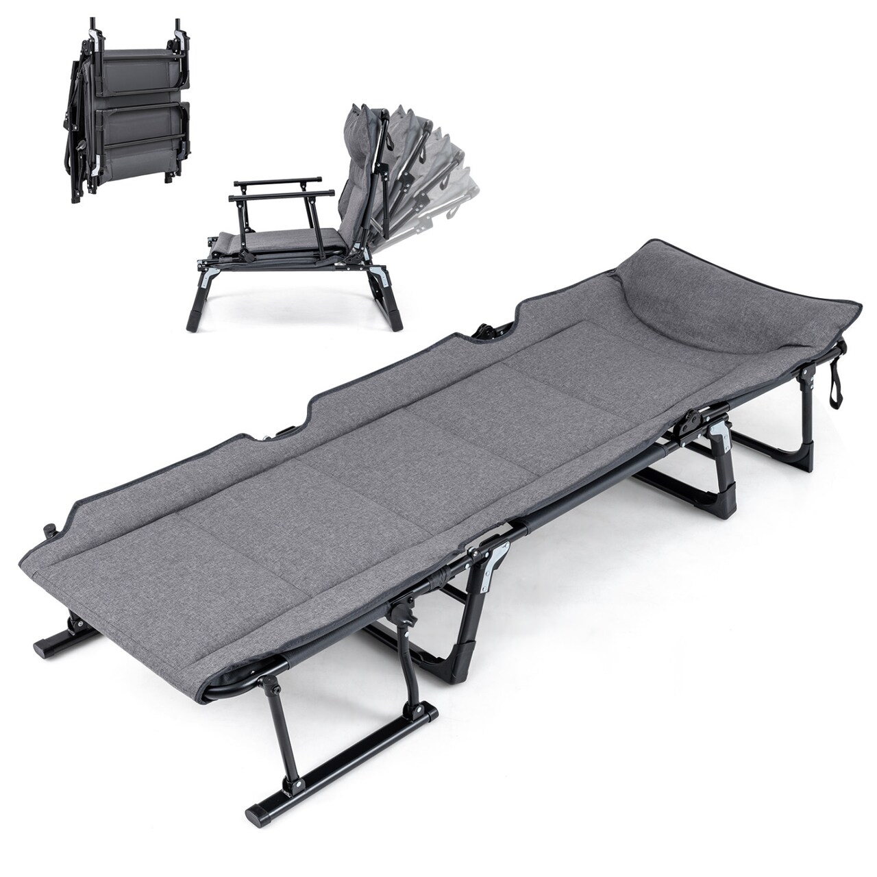 Gray Black 3-in-1 Folding Camping Cot Sofa Chair Chaise Lounge Bed 440lb